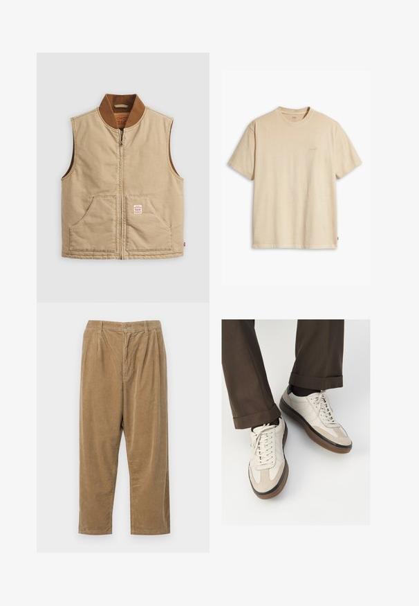 Gilet sans manches couleur beige avec col côtelé marron et deux poches avant, présentant une petite étiquette en patch sur la poche droite.; T-shirt en coton beige avec un col rond et des manches courtes. Présente un logo "Levi's" subtil de la même couleur sur la poitrine. Texture douce.; Pantalon en velours côtelé de couleur marron clair avec un motif à côtes texturé, comportant une fermeture à bouton et une coupe décontractée.; Baskets beiges avec un devant en suède texturé, côtés en cuir lisse et semelle en caoutchouc brun. Lacets et détails de couture légère inclus.