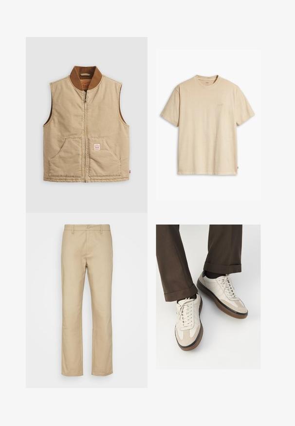 Bežinė be rankovių jurkšnelė su rudu banguotu apykakle ir dviem priekinėm kišenėm, su mažyte emblema dešinėje kišenėje.; Kreminė medvilninė marškinėliai su apvalia iškirpte ir trumpomis rankovėmis. Ant krūtinės yra subtilus „Levi's“ logotipas tos pačios spalvos. Minkšta tekstūra.; Bežiniai chinos, tiesaus kirpimo dizainas, medvilnės mišinys, priekinis užsegimas mygtuku, diržo kilpos ir apdailinti manžetai. Nėra matomų raštų ar akcentų.; Bežiniai sportbačiai su tekstūruotu zomšinės priekine dalimi, lygiomis odinėmis šoninėmis dalimis ir ruda guminėmis padais. Į komplektą įeina juostelės ir šviesūs siuvimo detalės.