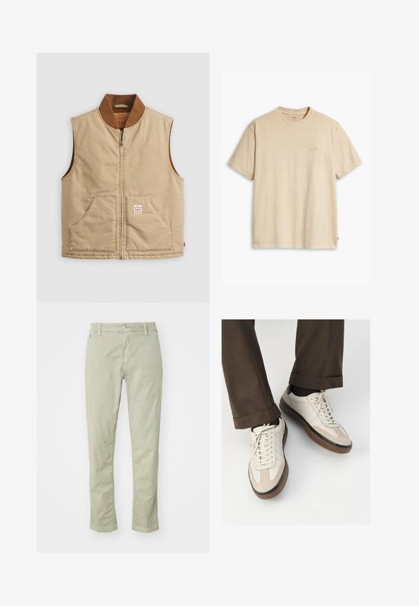 Bež prsluk bez rukava s raširenim zatvaračem, smešani ovratnik u smešnim tonovima i dva prednja džepa, s malom oznakom na desnom džepu.; Bež pamučna majica s okruglim izrezom i kratkim rukavima. Sadrži suptilan "Levi's" logo iste boje na prsima. Mekana tekstura.; Svijetlozelene pamučne hlače uskog kroja, s dugmetom na zatvaranju, dizajnom s pet džepova i suptilnim detaljima šivanja.; Bež tenisice s teksturiranom nubuk prednjom stranom, glatkim kožnim bočnim stranama i smešnim gumenim potplatom. Uključene su vezice i lagani detalji šivanja.