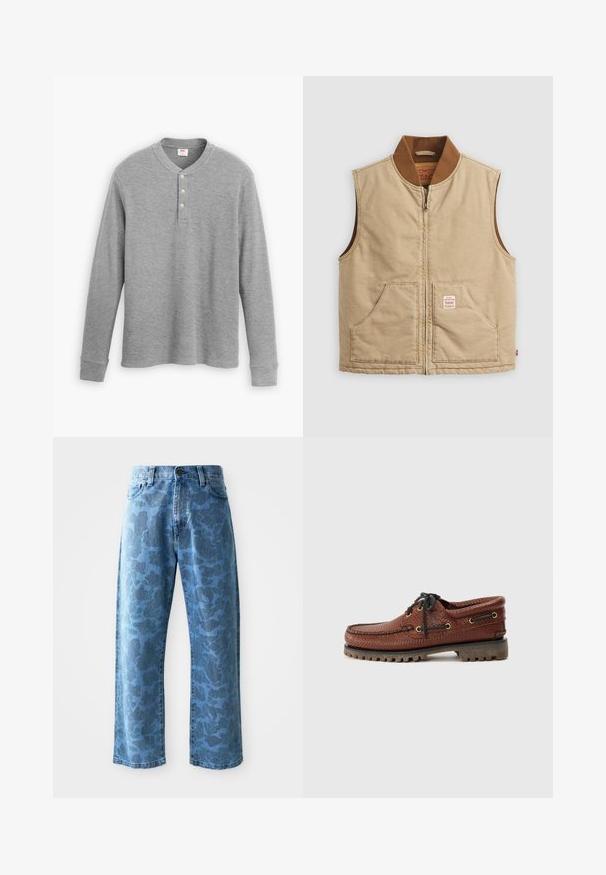 Beige ermløs glidelåsvest med brun ribbestrikket krage og to frontlommer, med en liten lapplabel på høyre lomme.; Grå langermet henley-skjorte laget av ribbet stoff, med en treknaps placket og en rund halsutskjæring i en noe formsydd fasong.; Lyseblå denimjeans med et subtilt tonalt blomstermønster, vid benløsning, femlomme-design og knappestang i livet.; Brune lærbådsko med teksturert overdel, svart snøring og gull øyelets. Har en slitesterk, profilerte gummisåle.