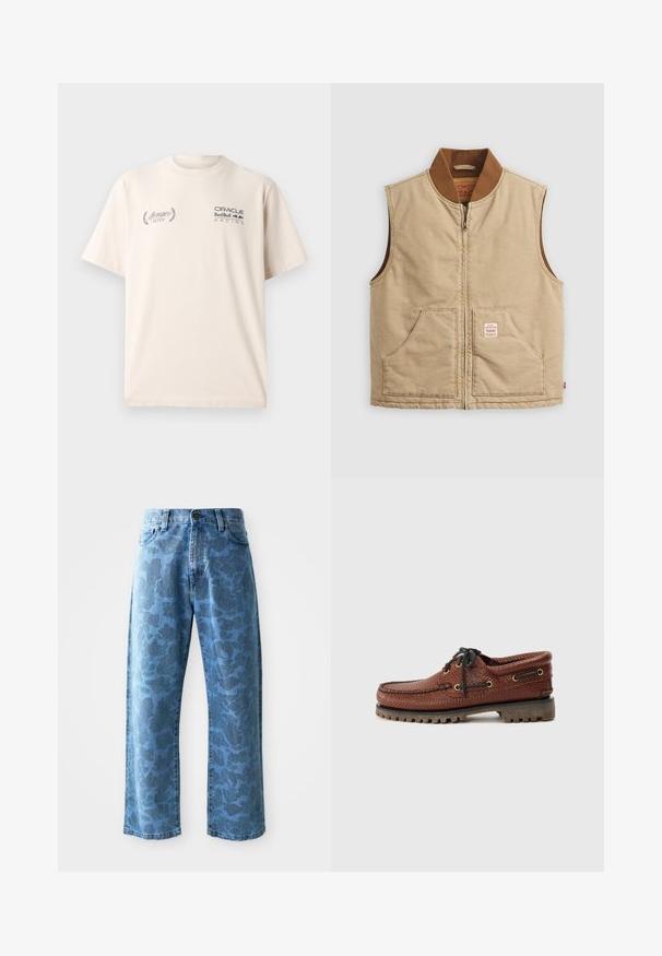 Beige mouwloze zip-up vest met een bruin geribbeld kraag en twee voorzakken, voorzien van een klein label op de rechterzak.; Beige katoenen t-shirt met ronde hals, met "Monaco 2024" in schrift en "Oracle Red Bull Racing" in vet zwart gedrukt op de voorkant.; Lichtblauwe denim jeans met een subtiel ton-sur-ton bloemenpatroon, wijde pijpen, vijf zakken en een knoopsluiting bij de tailleband.; Bruine leren bootschoen met een gestructureerde bovenkant, zwarte vetersluiting en gouden oogjes. Beschikt over een duurzame, geribbelde rubberen zool.
