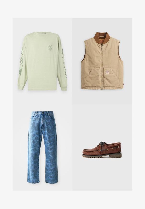 Bežinė be rankovių jurkšnelė su rudu banguotu apykakle ir dviem priekinėm kišenėm, su mažyte emblema dešinėje kišenėje.; Šviesiai žalias medvilninis marškinėliai ilgomis rankovėmis, su mažo logotipo spauda krūtinėje ir tamsiai žaliu abstrakčiu raštu ant rankovių.; Šviesiai mėlyni džinsai su subtiliu toniniu gėlių raštu, plačiomis kojomis, penkiais kišeniais ir užsegimu prie juosmens.; Rudos odinės valtinės bateliai su tekstūruota viršutine dalimi, juoda raištelių sistema ir auksinėmis aklėmis. Yra patvari, griovelio formos guma.