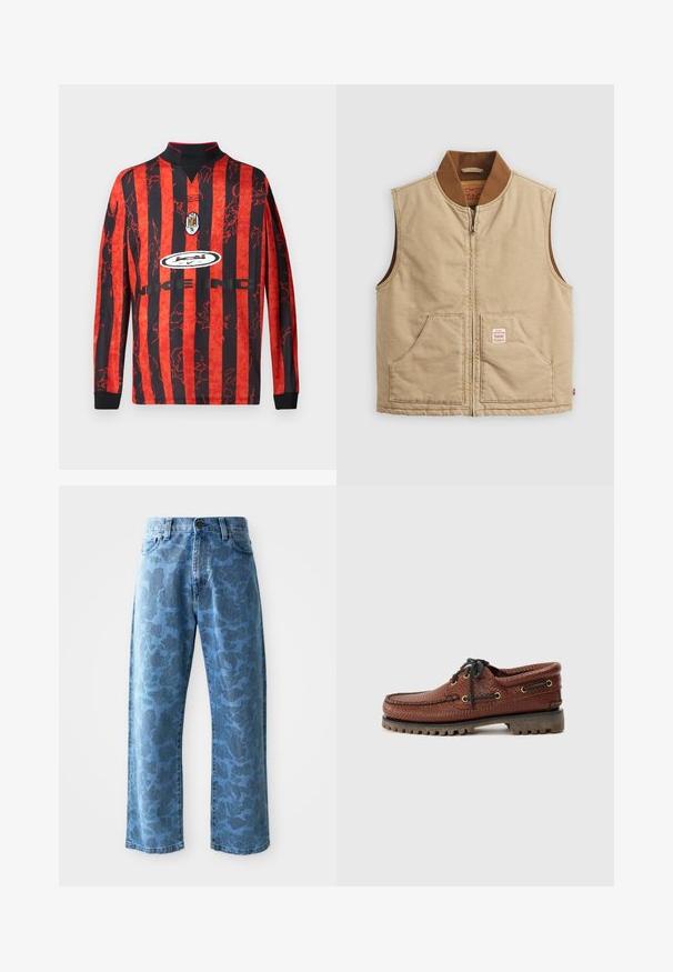 Colete sem mangas bege com fecho éclair, gola canelada castanha e dois bolsos frontais, apresentando um pequeno rótulo em patch no bolso direito.; Jersey de manga longa com listras verticais em vermelho e preto, gola collar e estampas gráficas, com um logo central e nome da marca.; Jeans de ganga azul claro com um discreto padrão floral tonal, corte largo, design de cinco bolsos e fecho por botão na cintura.; Sapatilha de barco em couro castanho com superior texturizado, fecho a cordão preto e ilhós dourados. Apresenta uma sola de borracha durável e estriada.