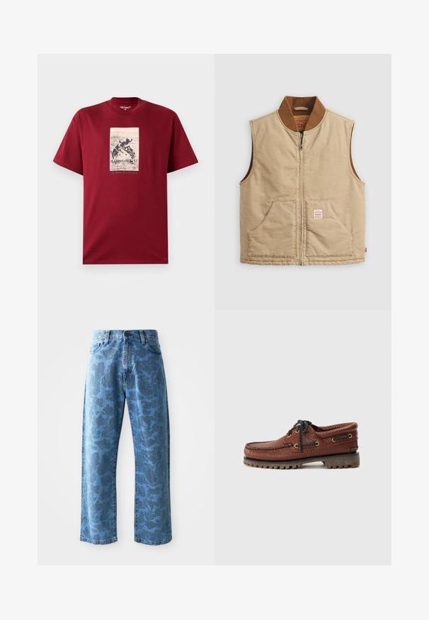 Beige sleeveless zip-up vest with brown ribbed collar and two front pockets, featuring a small patch label on the right pocket.; Burgundy cotton t-shirt featuring a black and white graphic print of playful dogs with the text "All Work And No Play" beneath. Short sleeves.; Light blue denim jeans with a subtle tonal floral pattern, wide-leg cut, five-pocket design, and a button closure at the waistband.; Brown leather boat shoe with textured upper, black lace-up closure, and gold eyelets. Features a durable, ridged rubber sole.