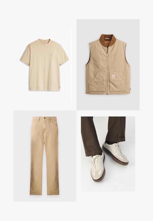 Beige ärmlös zip-up väst med brun ribbad krage och två framfickor, med en liten lapplabel på höger ficka.; Beige bomulls-t-shirt med rund hals och korta ärmar. Har en subtil "Levi's" logotyp i samma färg på bröstet. Mjuk textur.; Beiga bomullbyxor med raka ben, framfickor och knappstängning. Slät textur, minimala sömdetaljer.; Beige sneakers med en texturerad mockafront, släta lädersidor och en brun gummisula. Snörning och ljusa sömdetaljer ingår.