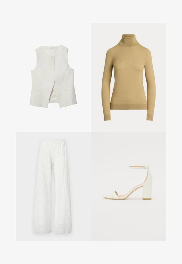 Valkoinen hihaton liivi, jossa on pyöreä pääntie, etupainon sulkeminen ja kaksi sivutaskua. Sujuva pinta ja istuva muotoilu.; Paita turtleneck vaaleassa beigesävyssä, joka on valmistettu sileästä ja pehmeästä neuleesta. Siinä on pitkät hihat ja istuva siluetti, jossa on ribbireuna.; Valkoiset leveälahkeiset housut, joissa on joustava vyötärönauha, ja joissa on koko kankaan halki kulkeva teksturoitu kukkakuvioinen pitsimalli.; Valkoiset nahkaiset tukikorkosandaalit, joissa on nilkkahihna soljella ja minimalistinen muotoilu. Avoin varvas ja sileät pinnat koko kengässä.