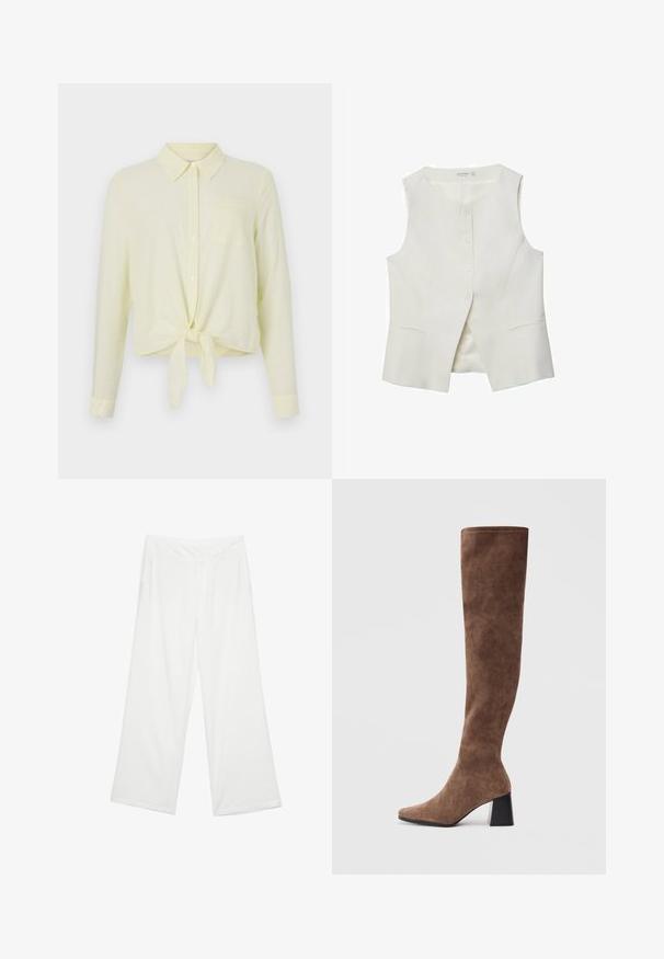 Canottiera bianca senza maniche con scollatura tonda, chiusura frontale con bottoni e due tasche laterali. Texture liscia e design sartoriale.; Camicia a maniche lunghe di un leggero giallo con colletto a bottoni, tasca frontale e orlo annodato. Realizzata in un tessuto testurizzato con sottili righe.; Pantaloni a gamba larga in tessuto bianco, con una texture liscia, tasche anteriori e una vita classica con passanti per la cintura.; Stivali marroni sopra il ginocchio in morbido camoscio, con punta affusolata e tacco grosso nero. Il design presenta cuciture senza soluzione di continuità per un aspetto elegante.