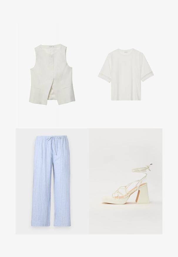 Hvid ærmeløs vest med rund halsudskæring, frontknaplukning og to sidelommer. Glat tekstur og skræddersyet design.; Hvid kortærmet t-shirt lavet af bomuld, med dekorativ blondekant langs ærmerne og en rund halsudskæring.; Lyseblå pyjamabukser med hvide lodrette striber, lavet af blødt stof, med elastisk talje og justerbar snor.; Hvide højhælede sandaler med en kraftig hæl, der har et stropdesign og ankelbinding. Glat tekstur med en platform foran for ekstra højde.