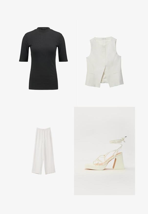 Bijela bezrukavna majica s okruglim izrezom, prednjim zatvaranjem na gumb i dva bočna džepa. Glatka tekstura i krojna izrada.; Crna rebrasta majica s visokim ovratnikom i kratkim rukavima. Glatki, uski dizajn bez uzoraka ili vidljivih metalnih detalja.; Bijele hlače širokih nogavica napravljene od lagane tkanine. Imaju elastičan pojas s ušicom i bočne džepove. Glatka tekstura.; Bijela sandala na visokoj potpetici s debelim petom, s remenom i vezanjem oko gležnja. Glatka tekstura s platformom sprijeda za dodatnu visinu.