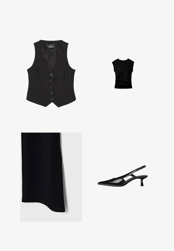 Schwarze taillierte Weste mit V-Ausschnitt, ausgestattet mit sechs vorderen Knöpfen und zwei Seitentaschen, gefertigt aus glattem Stoff. Klassisches, strukturiertes Design.; Schwarzes kurzärmliges Oberteil mit tailliertem Schnitt, das seitliche Raffung und einen glatten, dehnbaren Stoff für zusätzlichen Komfort aufweist.; Schwarze Sportpants mit glatter Textur, abgerundetem Saum, Seitentasche und kontrastierenden Nähten, die für Komfort und Bewegungsfreiheit entwickelt wurden.; Schwarze Lackleder-Slingback-High Heels mit spitzer Zehenform, ausgeschnittenem Seitendesign und kleinem Blockabsatz. Glatte Textur mit minimalen Akzenten.