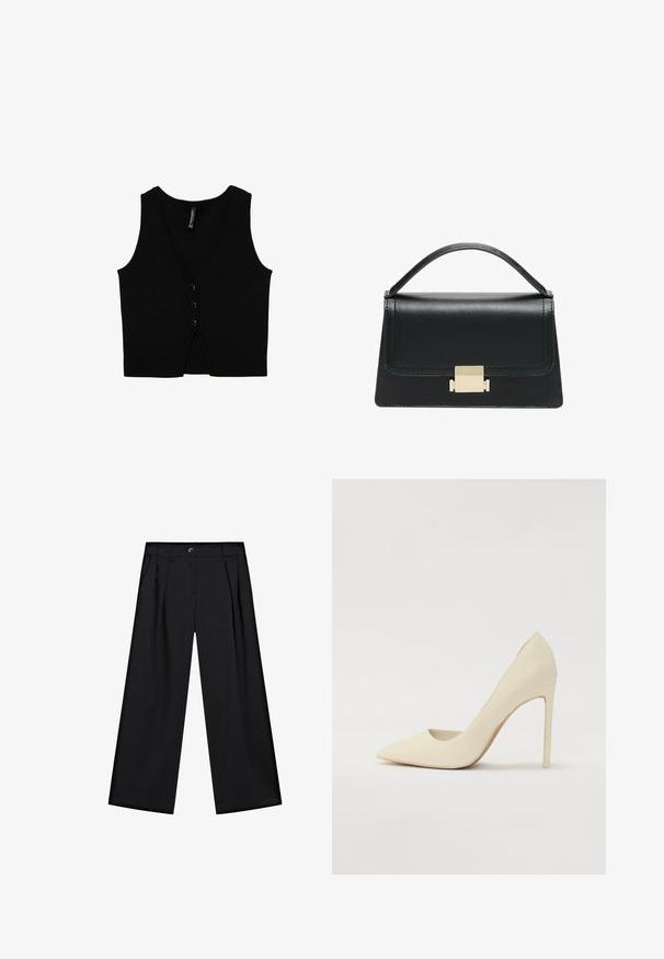 Black sleeveless knit vest with a V-neck, featuring three black buttons at the front and a decorative split detail at the lower hem.; Long-sleeve top in dark brown fabric with a smooth texture, featuring side ruching and a rounded neckline. No patterns or accents present.; Black wide-leg trousers made of smooth fabric, featuring front pleats, side pockets, and a button closure at the waistband.; Pointed-toe cream high heel shoe made of smooth leather with a slim stiletto heel and a slight cut-out detail on the sides.; Black leather handbag with a structured design, top handle, and a gold metal clasp detail on the front. Smooth texture, minimal stitching.