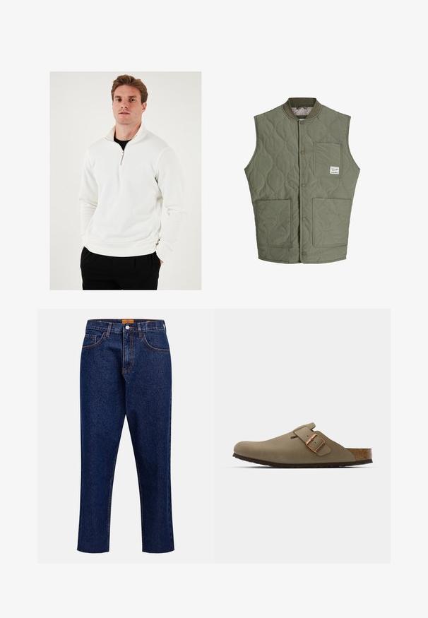 Olive green quilted sleeveless vest with front snap buttons, ribbed collar, three patch pockets, and a small label on the upper left pocket.; White zip-up sweatshirt with a high collar, soft fabric, long sleeves, and a relaxed fit, paired with black pants.; Olive green long-sleeve polo shirt made from textured fabric. Features a collar, three-button placket, and a relaxed fit.; Dark blue denim jeans with a straight cut, high waist, five pockets, and frayed hem. Contrast stitching and button closure detail.; Brown clogs with a smooth, matte finish. Features a prominent bronze buckle on the side. Cork footbed and rubber outsole for comfort.