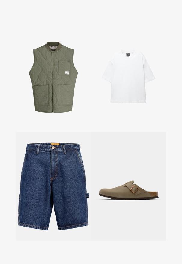 Olivno zeleni prešiti brezrokavnik s sprednjimi zakovicami, rebrastim ovratnikom, tremi žepi in majhnim oznako na zgornjem levem žepu.; Bela majica s kratkimi rokavi iz bombaža, z okroglo ovratnikom in sproščenim krojem ter ravnim robom. Brez vzorcev ali okrasnih elementov.; Temno modri jeans kratke hlače z beljenim šivom, spredaj z gumbno zaporo, z zankami za pas in stranskimi žepi na levi strani.; Rjave klompice z gladko, matirano površino. Na strani imajo izrazit bronast sponko. Korkov vložek in gumijast podplat za udobje.