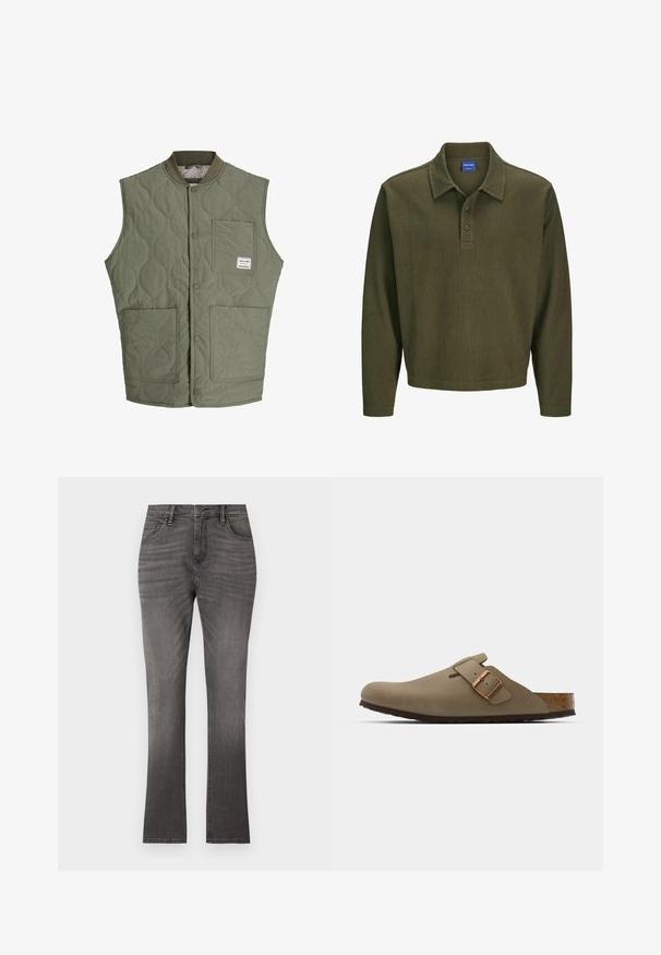 Oliivroheline tikandiga ilma varrukateta vest, millel on ees nööbid, soonikkoes krae, kolm pisikest taskut ja väike silt ülemises vasakus taskus.; Kiviroheline pikkade varrukatega polo särk, mis on valmistatud tekstuurilisest kangast. Omab kraed, kolme nupuga kinnitust ja mugavat lõiget.; Hallid denim püksid sirge lõikega, klassikalise viie tasku disainiga ja peente tuhmumistega. Tavaline nööp ja lukuga sulgemine.; Pruunid puukingad siledast mattviimistlusest. Külgedel on silmnähtav pronksist pandla. Kork sisetald ja kummist väljatalla mugavuse tagamiseks.