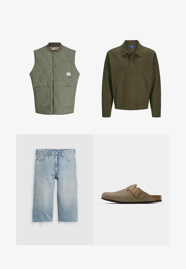 Alyvuogių žalios quilted be rankovių liemenės su priekiniais mygtukais, gumine apykakle, trimis kišenėmis ir maža etikete viršutiniame kairiajame kišenėje.; Alyvuogių žalumos ilgarankovė polo marškiniai, pagaminti iš tekstūruotos medžiagos. Su apykakle, trimis mygtukais ir laisva forma.; Šviesiai mėlynos džinsinio audinio šortai su tiesiu kirpimu, nusidėvėjusia apvadu, penkių kišenių dizainu ir mygtukų užsegimu liemenyje.; Rudos medvilniniai klumpės su lygiu, matinio paviršiaus apdaila. Yra išsiskiriantis bronzinis sagtis šone. Kamštinis padas ir gumos išorė užtikrina komfortą.
