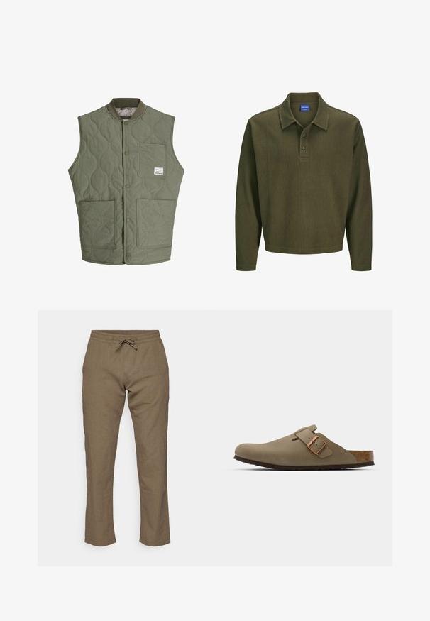 Gilet senza maniche trapuntato color verde oliva con bottoni a scatto frontali, colletto a costine, tre tasche applicate e una piccola etichetta sulla tasca superiore sinistra.; Polo a maniche lunghe verde oliva realizzato in tessuto texturizzato. Presenta un colletto, una chiusura a tre bottoni e una vestibilità rilassata.; Jack & Jones JPSTKANE SUMMER JOGGER - Pantaloni - dusty olive; Zoccoli marroni con una finitura liscia opaca. Presentano una borsa in bronzo prominente sul lato. Sottopiede in sughero e suola in gomma per il comfort.