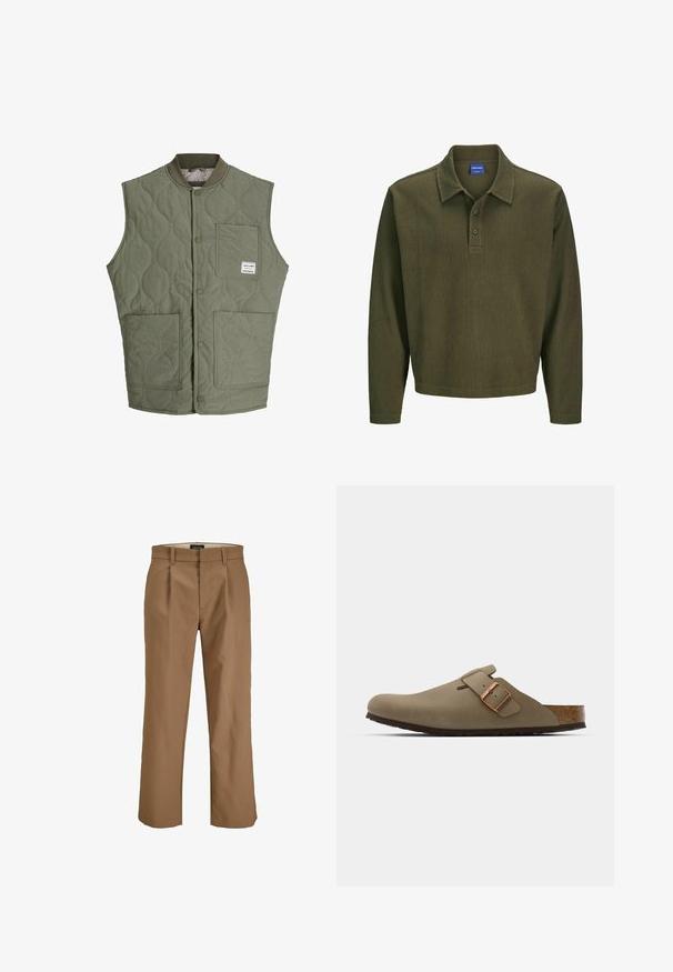 Gilet senza maniche trapuntato color verde oliva con bottoni a scatto frontali, colletto a costine, tre tasche applicate e una piccola etichetta sulla tasca superiore sinistra.; Polo a maniche lunghe verde oliva realizzato in tessuto texturizzato. Presenta un colletto, una chiusura a tre bottoni e una vestibilità rilassata.; Pantaloni marroni realizzati in un tessuto liscio, con una linea dritta, pince frontalmente e passanti per la cintura. Nessun motivo o dettaglio visibile.; Zoccoli marroni con una finitura liscia opaca. Presentano una borsa in bronzo prominente sul lato. Sottopiede in sughero e suola in gomma per il comfort.