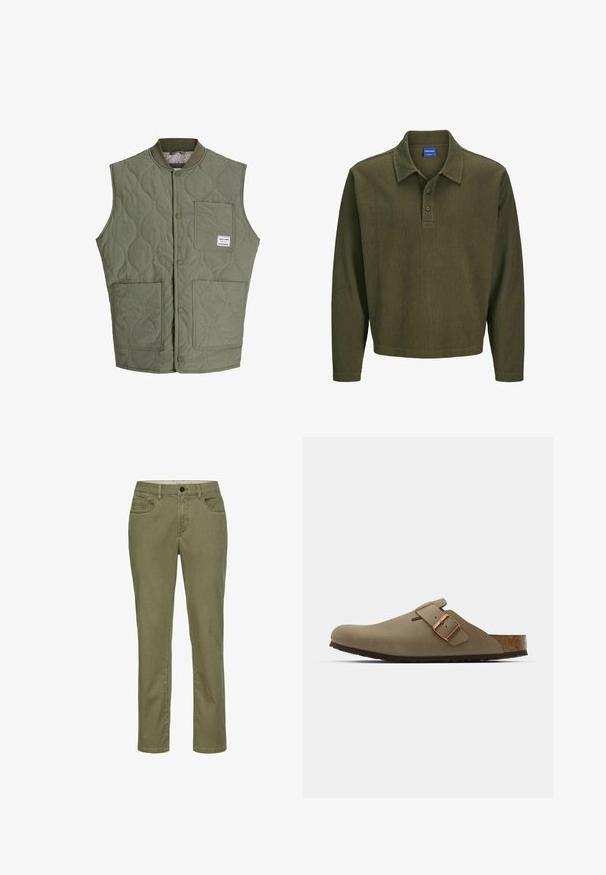 Olivengrønt quiltet ærmeløst vest med frontlukkede trykknapper, ribbet krave, tre påsyede lommer og et lille mærke på den øverste venstre lomme.; Olivengrøn langærmet polo skjorte lavet af tekstureret stof. Har en krave, tre-knaps placket og en afslappet pasform.; Olivengrønne, lige ben bukser lavet af en bomuldsblanding. Har en frontknaplukning, fem lommer og kontrasterende syninger.; Brune træskor med en glat, mat finish. Har en fremtrædende bronze spænde på siden. Korkfodbed og gummisål for komfort.