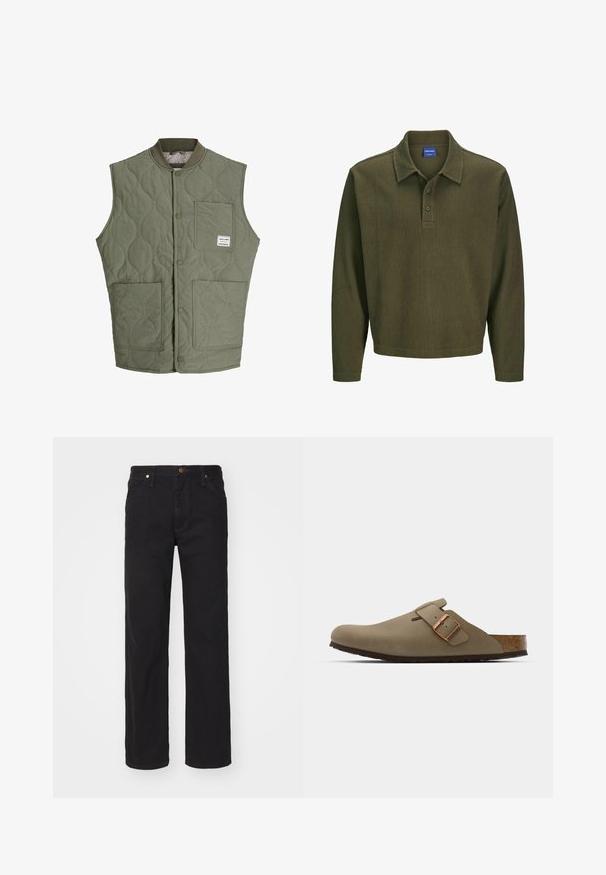 Chaleco sin mangas acolchado en color verde oliva con botones a presión en el frente, cuello acanalado, tres bolsillos de parche y una pequeña etiqueta en el bolsillo superior izquierdo.; Polo de manga larga en verde oliva, hecho de una tela texturizada. Cuenta con cuello, tapeta de tres botones y un corte relajado.; Vaqueros de mezclilla negra con un diseño de pierna recta, que cuentan con un cierre de botón, cinco bolsillos y acentos de hardware en tono cobre.; Zuecos marrones con un acabado suave y mate. Presentan una hebilla de bronce prominente en el costado. Plantilla de corcho y suela de goma para mayor comodidad.