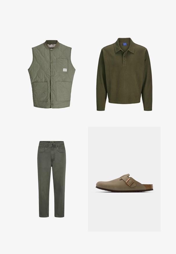 Oliivinvihreä tikattu hihaton liivi, jossa on edessä nepparit, ribattu kaulus, kolme läpällistä taskua ja pieni etiketti vasemmassa yläkulmassa.; Tummanvihreä pitkähihainen poolopaita, joka on valmistettu tekstuurisesta kankaasta. Siinä on kaulus, kolmesta napista koostuva napitus ja rento malli.; Vihreät puuvillachinot suoraan siluetilla, joissa on vyölenkit, etutaskut ja nappikiinnitys. Sujuva pinta, jossa on minimaalinen ommel.; Ruske läppäkorot, joilla on sileä, matta pinta. Sivulla on näkyvä pronssivöri. Korkkijalkine ja kumipohja mukavuutta varten.