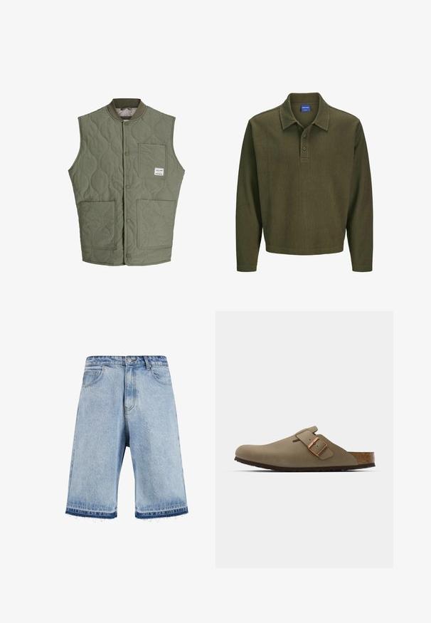 Oliivroheline tikandiga ilma varrukateta vest, millel on ees nööbid, soonikkoes krae, kolm pisikest taskut ja väike silt ülemises vasakus taskus.; Kiviroheline pikkade varrukatega polo särk, mis on valmistatud tekstuurilisest kangast. Omab kraed, kolme nupuga kinnitust ja mugavat lõiget.; Heledad sinise denimi lühikesed püksid, millel on rebenev serv, klassikaline viie tasku disain ja esine nupuvärv. Veidi pleekinud pesu.; Pruunid puukingad siledast mattviimistlusest. Külgedel on silmnähtav pronksist pandla. Kork sisetald ja kummist väljatalla mugavuse tagamiseks.