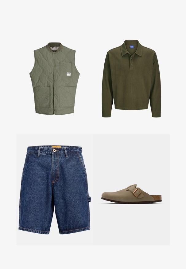 Gilet senza maniche trapuntato color verde oliva con bottoni a scatto frontali, colletto a costine, tre tasche applicate e una piccola etichetta sulla tasca superiore sinistra.; Polo a maniche lunghe verde oliva realizzato in tessuto texturizzato. Presenta un colletto, una chiusura a tre bottoni e una vestibilità rilassata.; Pantaloncini di jeans in blu scuro con cuciture chiare, dotati di chiusura frontale con bottoni, passanti per cintura e una tasca cargo sul lato sinistro.; Zoccoli marroni con una finitura liscia opaca. Presentano una borsa in bronzo prominente sul lato. Sottopiede in sughero e suola in gomma per il comfort.