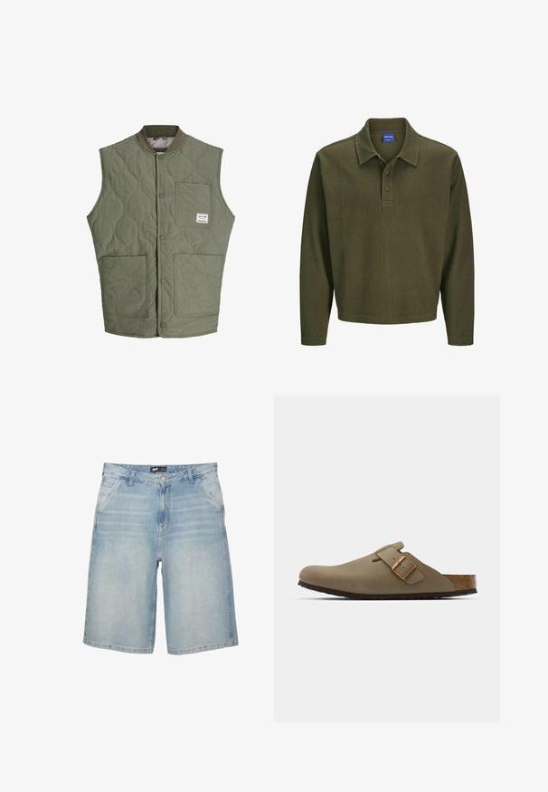 Olivno zeleni prešiti brezrokavnik s sprednjimi zakovicami, rebrastim ovratnikom, tremi žepi in majhnim oznako na zgornjem levem žepu.; Maslinasto zelena polo majica dugih rukava od teksturirane tkanine. Ima ovratnik, plaket s tri dugmeta i opušteni kroj.; Svetlo modri denim kratke hlače s ravnim krojem, zasnovo s petimi žepi in kontrastnim šivom. Imajo gumb in zadrgo za zapiranje.; Rjave klompice z gladko, matirano površino. Na strani imajo izrazit bronast sponko. Korkov vložek in gumijast podplat za udobje.