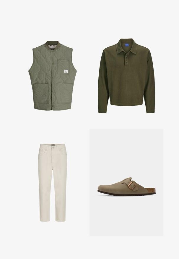Olivengrön kviltad ärmlös väst med framknappar, ribbad krage, tre fickor, och en liten etikett på den övre vänstra fickan.; Olivgrön långärmad polo tröja tillverkad av texturerat tyg. Har en krage, tre-knapps knäppning och en avslappnad passform.; Beiga raka jeans med framknapp, bälteslopp och femfickdesign, visade på en vit bakgrund.; Bruna träklackar med en slät, matt yta. Har en framträdande bronsspänne på sidan. Korkfotbädd och gummisula för komfort.