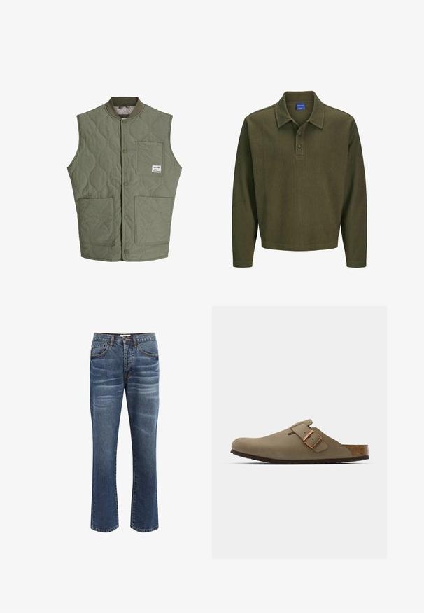 Chaleco sin mangas acolchado en color verde oliva con botones a presión en el frente, cuello acanalado, tres bolsillos de parche y una pequeña etiqueta en el bolsillo superior izquierdo.; Polo de manga larga en verde oliva, hecho de una tela texturizada. Cuenta con cuello, tapeta de tres botones y un corte relajado.; Jeans de mezclilla en azul oscuro con un ligero desgaste. Cuenta con un diseño de cinco bolsillos, cierre de botón y detalles de costura en los bordes.; Zuecos marrones con un acabado suave y mate. Presentan una hebilla de bronce prominente en el costado. Plantilla de corcho y suela de goma para mayor comodidad.