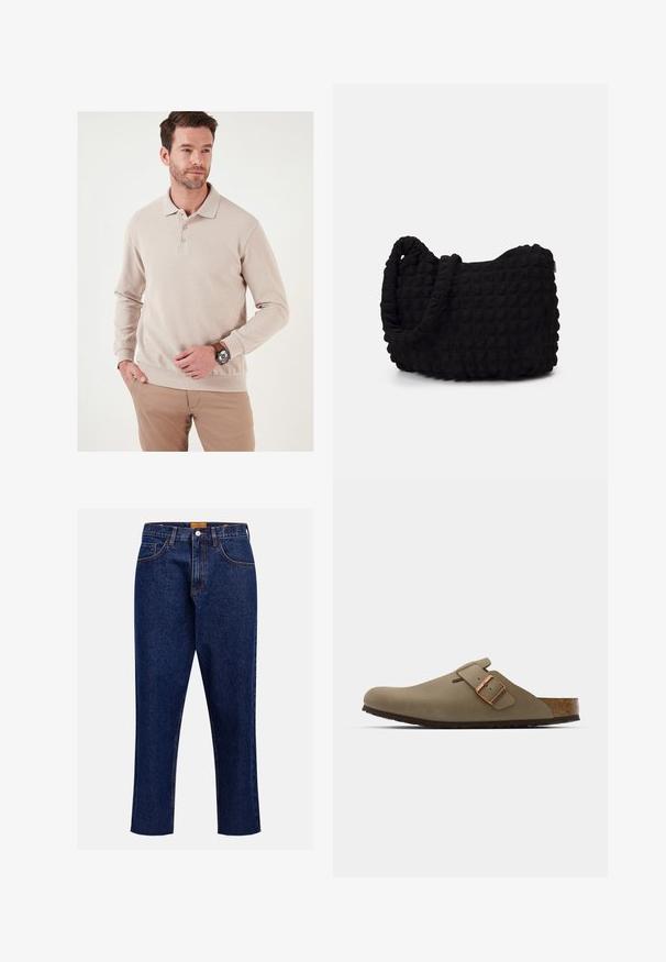 Olivno zeleni prešiti brezrokavnik s sprednjimi zakovicami, rebrastim ovratnikom, tremi žepi in majhnim oznako na zgornjem levem žepu.; Bež majica s dolgimi rokavi polo z rebrasto teksturo, z gumbasto zapenjanjem na tri gumbe in prilegajočim robom. Nosi se z svetlimi hlačami in uro.; Temno modri jeans s ravnimi hlačnicami, visokim pasom, petimi žepi in kontrastnim šivanjem. Imajo surov rob na gležnjih.; Rjave klompice z gladko, matirano površino. Na strani imajo izrazit bronast sponko. Korkov vložek in gumijast podplat za udobje.; Črn platneno torba z strukturiranim, quilted vzorcem. Okrogla oblika, kratki, debeli ročaji in mehak, fleksibilen konstrukt.
