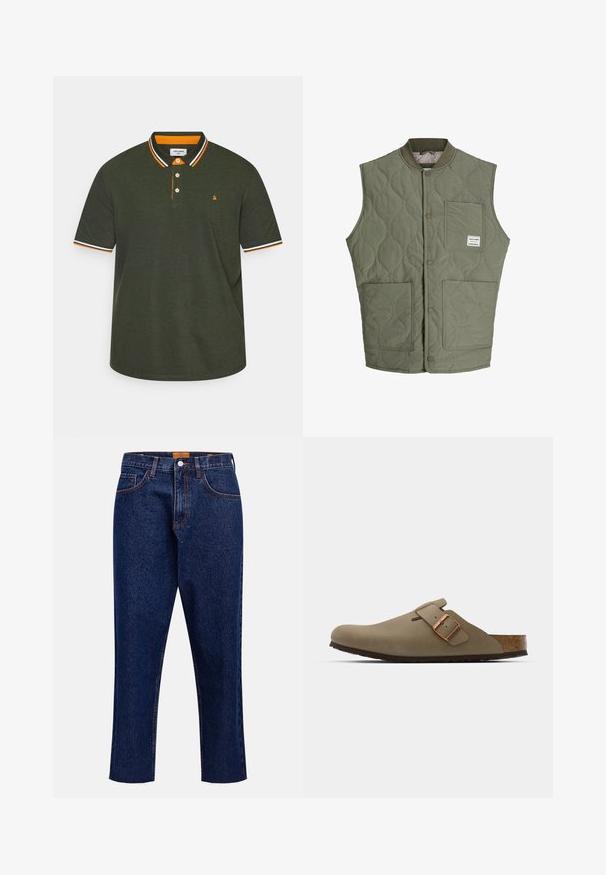 Alyvuogių žalios quilted be rankovių liemenės su priekiniais mygtukais, gumine apykakle, trimis kišenėmis ir maža etikete viršutiniame kairiajame kišenėje.; Tamsiai žalia polo marškinėliai, su oranžinėmis ir baltomis dryžuotomis apykaklėmis, trimis mygtukais priekyje ir mažu logotipu krūtinėje.; Tamsiai mėlyni tiesaus kirpimo džinsai aukštu liemeniu, su penkiomis kišenėmis ir atplėštų kraštų apačia. Kontrastingos siūlės ir sagų užsegimas.; Rudos medvilniniai klumpės su lygiu, matinio paviršiaus apdaila. Yra išsiskiriantis bronzinis sagtis šone. Kamštinis padas ir gumos išorė užtikrina komfortą.