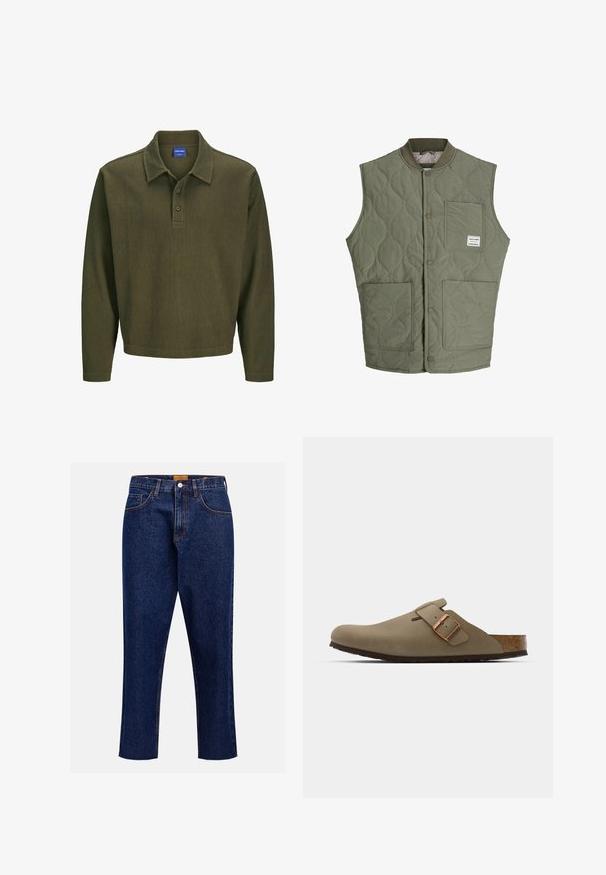 Olivově zelená prošívaná bezrukávová vesta s předními cvoky, vroubkovaným límcem, třemi náprsními kapsami a malou nálepkou na levé horní kapse.; Olivově zelená polokošile s dlouhým rukávem vyrobená z texturované tkaniny. Má límeček, tří knoflíkovou légu a uvolněný střih.; Tmavě modré džíny s rovnými nohavicemi, vysokým pasem, pěti kapsami a kontrastním prošíváním. Mají syrový lem na kotníku.; Hnědé dřeváky s hladkým matným povrchem. Na boku mají výraznou bronzovou sponu. Korek a gumová podrážka pro pohodlí.