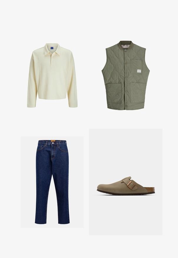 Oliivroheline tikandiga ilma varrukateta vest, millel on ees nööbid, soonikkoes krae, kolm pisikest taskut ja väike silt ülemises vasakus taskus.; Pikkade varrukatega polo kreemja beeži soonikuga kangast, millel on krae ja kolme nööbiga nööbirea. Lihtne, lõdvestunud istuvus sirge servaga.; Tumed sinine teksariie, sirge säärega, kõrgema vööga, viie tasku ja kontrastõmblustega. Ajal on tooriku äär.; Pruunid puukingad siledast mattviimistlusest. Külgedel on silmnähtav pronksist pandla. Kork sisetald ja kummist väljatalla mugavuse tagamiseks.