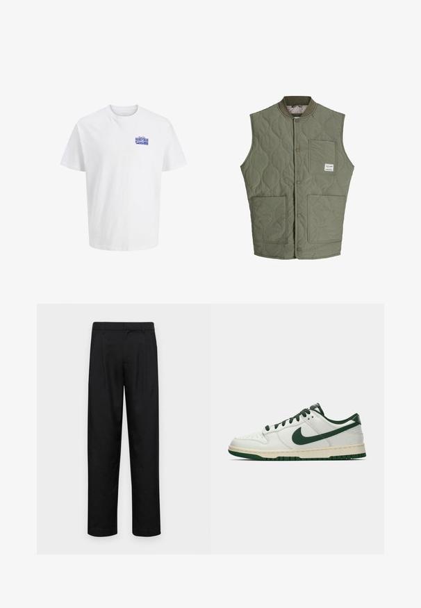 Alyvuogių žalios quilted be rankovių liemenės su priekiniais mygtukais, gumine apykakle, trimis kišenėmis ir maža etikete viršutiniame kairiajame kišenėje.; Balta trumpa rankovėmis marškinėliai su mažu mėlynu "Kvalifikuotas meistras" tekstu kairėje krūtinės pusėje.; Juodi kelnių modeliai, pagaminti iš lygios medžiagos, turi tiesią kojas, du priekiniai klostės ir standartinę juosmenį su diržo kilpomis.; Balti žemi sportbačiai su tamsiai žaliu Nike swoosh, raišteliais ir padu, rodomi šoniniame profilyje ant baltos fono.