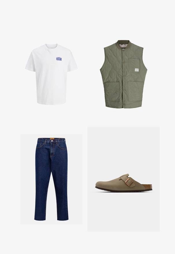 Olivno zeleni prešiti brezrokavnik s sprednjimi zakovicami, rebrastim ovratnikom, tremi žepi in majhnim oznako na zgornjem levem žepu.; Bela majica s kratkimi rokavi z majhnim modrim napisom "Handyman" na zgornjem levem prsnem delu.; Temno modri jeans s ravnimi hlačnicami, visokim pasom, petimi žepi in kontrastnim šivanjem. Imajo surov rob na gležnjih.; Rjave klompice z gladko, matirano površino. Na strani imajo izrazit bronast sponko. Korkov vložek in gumijast podplat za udobje.