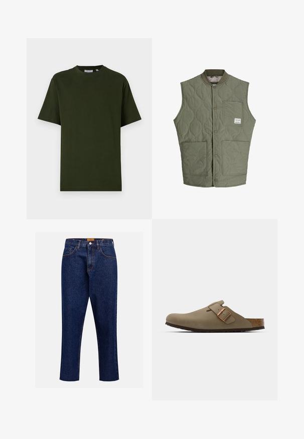 Olijfgroene gewatteerde mouwloze vest met drukknoopsluiting aan de voorkant, ribbels op de kraag, drie opgestikte zakken en een klein label op de bovenkant van de linkerzak.; Donkergroene, korte mouw t-shirt van katoen. Ronde hals, relaxte pasvorm en een gladde textuur zonder zichtbare patronen of accenten.; Donkerblauwe denim jeans met een rechte pijp, hoge taille, vijf zakken en contrasterende stiksels. Beschikt over een rauwe zoom bij de enkel.; Bruine klompen met een gladde, matte afwerking. Beschikt over een opvallende bronzen gesp aan de zijkant. Korken voetbed en rubberen buitenzool voor comfort.