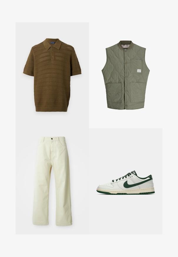 Alyvuogių žalios quilted be rankovių liemenės su priekiniais mygtukais, gumine apykakle, trimis kišenėmis ir maža etikete viršutiniame kairiajame kišenėje.; Žalios olivinės spalvos polo marškiniai trumpomis rankovėmis, su tekstūriniu, atviru mezgimu, horizontaliais raštais bei įgtašlais ir apatine juostele.; Šviesiai geltoni, platūs džinsiniai kelnes su priekiniais mygtukais, penkiais kišenėmis ir tiesia, nepuošta dizainu.; Balti žemi sportbačiai su tamsiai žaliu Nike swoosh, raišteliais ir padu, rodomi šoniniame profilyje ant baltos fono.