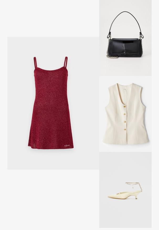 Hihaton, v-kaula-aukoilla varustettu beige toppi, jossa on viisi nappia edessä, muotoon ommeltu malli ja sileä pinta. Kevyt kangas. Ei kuoseja.; Punainen kimalteleva mekko ohuilla olkaimilla, A-linjainen malli ja sileä rakenne. Yksityiskohtia ovat pyöreä kaula-aukko ja levenevä helma.; Kärkiasteeltaan terävä, keltainen satiininen slingback-kengä, jossa on matala korko ja koristeellinen ketjuselkä }-remmi, jossa on kimalteita. Sujuva pinta, minimaalinen muotoilu.; Musta lakattu nahkalaukku suorakaiteen muotoisena, ketjuhihnalla ja erottuvalla varustusesineellä keskellä. Siveltimellinen pinta.