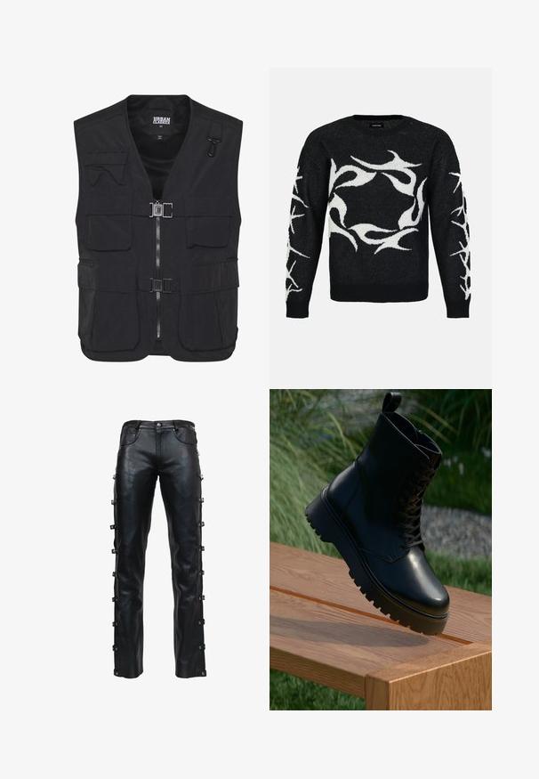 Gilet utilitaire noir en tissu léger, doté de plusieurs poches avant, d'une fermeture éclair et d'un intérieur en mesh pour la ventilation.; Pull en tricot noir avec des motifs abstraits blancs en spirale à l'avant et sur les manches. Il possède un col rond et des poignets côtelés.; Pantalon en cuir noir avec un design droit, dotés de fermetures à bascule sur les côtés, texture lisse et poches avant.; Bottines noires en cuir avec une surface texturée, un laçage à l'avant et une semelle chunky à rainures. Exposées sur une surface en bois avec un fond en herbe.