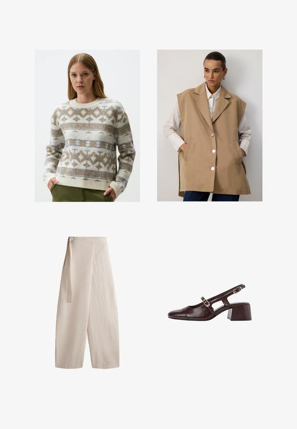 Beige sleeveless vest with a tailored design, large lapels, silver buttons, and side pockets, layered over a white shirt.; Knit sweater featuring an ivory base with geometric patterns in brown and blue. Round neck, ribbed cuffs, and hem, made from soft material.; Beige wide-leg pants made from textured fabric, featuring a tie waist, high waist design, and a loose fit with straight legs.; Brown leather slingback heels with a square toe, cut-out sides, and a block heel. Features a buckle on the ankle strap.