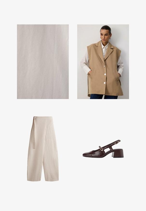 Bež bezrukavni prsluk s krojem, velikim reverima, srebrnim dugmetima i bočnim džepovima, nosi se preko bijele košulje.; Touché Privé RIBBED - Bluza s gumbima - Beige; Bež hlače širokih nogavica izrađene od teksturiranog materijala, s vezicom u struku, visokog struka i labavim krojem ravnih nogavica.; Smeđe kožne sandale s petom, s kvadratnom nožnom špicom, izrezanim stranama i blok petom. Imaju kopču na remenu oko gležnja.