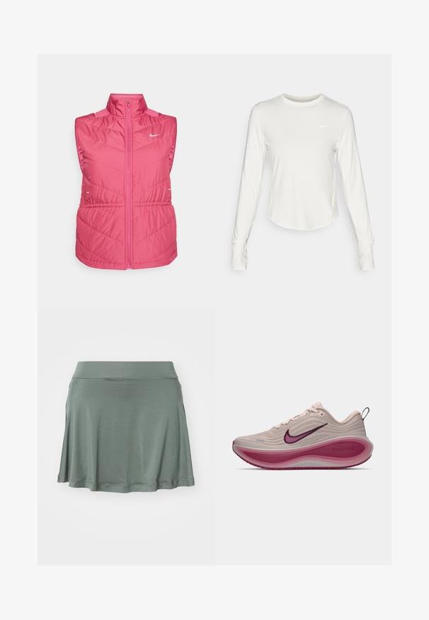Jaqueta rosa sem mangas com colarinho alto, apresentando fecho de correr na frente, textura acolchoada e logótipo branco no peito. Material leve.; Camisola atlética de mangas longas brancas, feita de um material liso e leve. Apresenta um decote redondo e um logótipo da Nike no peito.; Saia verde, evasê, feita de tecido macio. Apresenta uma cintura elástica e uma textura suave. Design simples, sem padrões ou detalhes.; Sapatilha de corrida Nike ZoomX em bege claro, com parte superior texturizada, entressola curva em rosa e detalhes em roxo no logótipo e na sola.