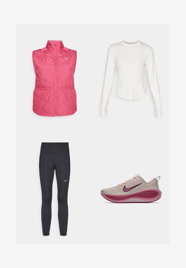 Pink sleeveless jacket with a high collar, featuring a zip front, quilted texture, and white logo on the chest. Lightweight material.; White long-sleeve athletic shirt made of smooth, lightweight material. Features a round neckline and a Nike logo on the chest.; Black leggings made of stretchy fabric, featuring a high waistband and a white Nike logo on the left thigh. Smooth texture, form-fitting design.; Nike ZoomX running shoe in light beige with textured upper, curved pink midsole, and purple accents on the logo and outsole.