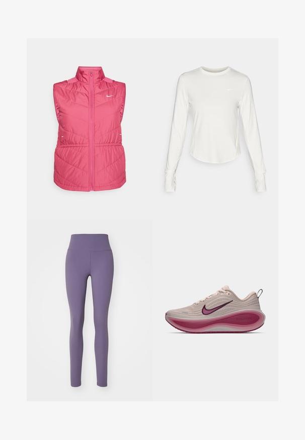 Roze mouwloze jas met een hoge kraag, voorzien van een rits aan de voorkant, gewatteerde textuur en een wit logo op de borst. Lichtgewicht materiaal.; Witte lange mouwen atletische shirt gemaakt van glad, lichtgewicht materiaal. Voorzien van een ronde halslijn en een Nike-logo op de borst.; Nike Performance ONE - Tights - daybreak/black; Nike ZoomX hardloopschoen in lichtbeige met een gestructureerde bovenkant, gebogen roze tussenzool en paarse accenten op het logo en de buitenzool.