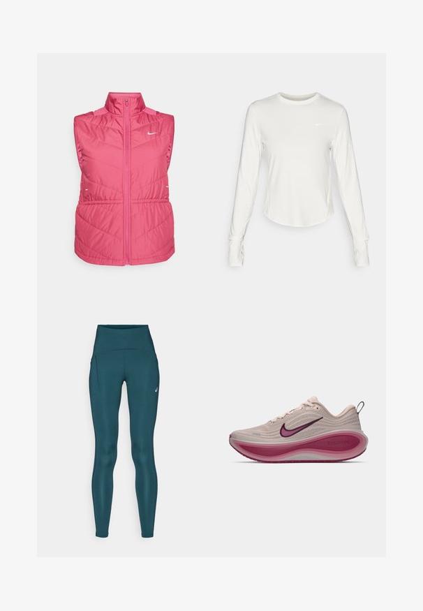 Vaaleanpunainen hihaton takki, jossa on korkea kaulus, edessä vetoketju, poimutettu pinta ja valkoinen logo rinnassa. Kevyt materiaali.; Valkoinen pitkähihaisen urheilupaita, joka on valmistettu sileästä, kevyestä materiaalista. Paita on pyöreäkauluksinen ja siinä on Nike-logo rinnassa.; Teallilla korkeavyötäröiset leggingit, jotka on valmistettu joustavasta kankaasta. Niissä on kaareva vyötärö, sivutasku ja hillitty logotehoste lantiolla.; Nike ZoomX juoksukengät vaaleassa beessissä, jossa on teksturoitu päällinen, kaareva vaaleanpunainen välipohja ja purppurat korostukset logossa ja ulkopohjassa.