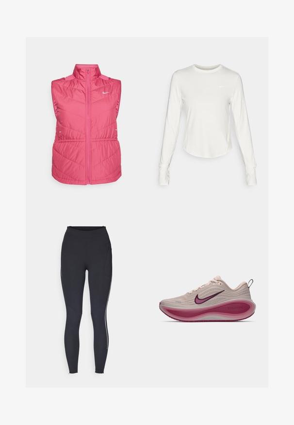 Rosa ärmlös jacka med hög krage, med dragkedja framtill, quiltad struktur och vit logotyp på bröstet. Lättviktsmaterial.; Vit långärmad träningsskjorta gjord av ett mjukt och lätt material. Har en rund halsringning och en Nike-logotyp på bröstet.; Svarta träningsleggings med hög midja, figurnära design, sidoficka och kontrasterande vit rand längs det yttre benet.; Nike ZoomX löparskor i ljusbeige med texturerad ovandel, böjd rosa mellansula och lila detaljer på logotypen och yttersulan.