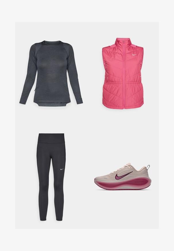 Roza brezrokavnik s visokim ovratnikom, z zadrgo spredaj, prešito teksturo in belim logotipom na prsih. Lahki material.; Majica s dolgimi rokavi za atletske aktivnosti v temno sivi tkanini s teksturiranim vzorcem, okroglo izrezom in stranskimi razpoki za izboljšano gibanje.; Črne legice iz elastične tkanine, z visokim pasom in belim Nike logo na levem stegnu. Gladka tekstura, oblikovno prilegajoč dizajn.; Nike ZoomX teka za tek v svetli bež barvi z teksturirano zgornjico, ukrivljenim rožnatim podplatom in vijoličnimi poudarki na logotipu ter podplatu.