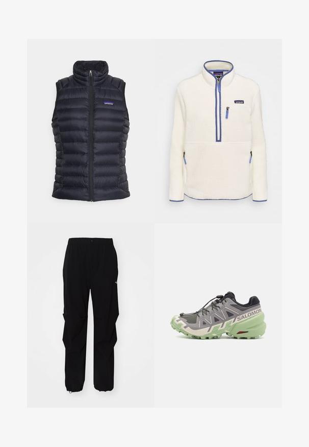 Juodas izoliuotas pūkinis liemenė su aukštu apykakle, siuvinėta paklausa, priekinis užtrauktukas ir šoninės kišenės. Ant krūtinės yra mažas logotipas.; Balta fliso striukė su pusiau užtrauktuku, mėlynais užtrauktuko akcentais, krūtinės kišene ir šoniniais kišenėmis. Sklandi tekstūra, aukštas apykaklė.; Juoda ilgomis rankovėmis marškinėliai, pagaminti iš minkštos medžiagos. Suapvalintas kaklas ir raglano tipo rankovės su išpjovomis nykščiams ant rankogalių. Minimalistinis dizainas.; Juodos lauko kelnės, pagamintos iš tvirto medžiagos, su laisvu siluetu, elastinga juosmens juosta ir surišamais rankogaliais, leidžiančiais reguliuoti ilgį.; Pilki bėgimo batučiai su tekstūriniu tinkleliu, žalia guma apatinėje dalyje ir išskirtiniais dizaino elementais, įskaitant greito užrišimo sistemą ir logotipą.