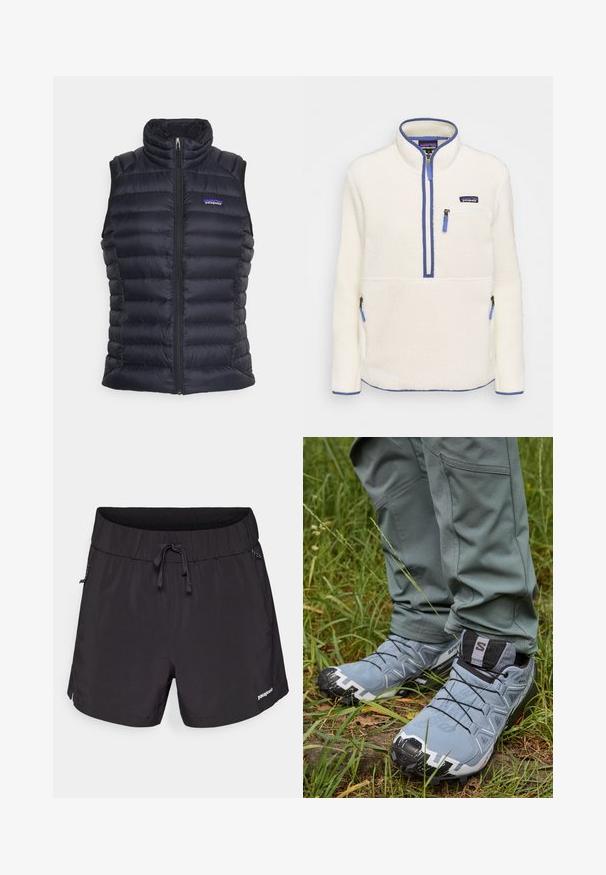 Čierna zateplená pufferová vesta s vysokým golierom, prešívaným dizajnom, predným zipsom a bočnými vreckami. Obsahuje malé logo na hrudi.; Biely fleecový pulóver s polovičným zipsom vpredu, modrými zipsovými akcentmi, vreckom na hrudi a bočnými vreckami. Hladká textúra, vysoký golier.; Čierne plavecké šortky vyrobené z ľahkej tkaniny, s elastickým pásom, šnúrkou na sťahovanie a bočnými vreckami pre funkčnosť.; Sivé trailové bežecké topánky s textúrovaným vrchom, čiernymi šnúrkami a robustnou podrážkou, skombinované s priliehavými zelenými nohavicami na trávnatom teréne.