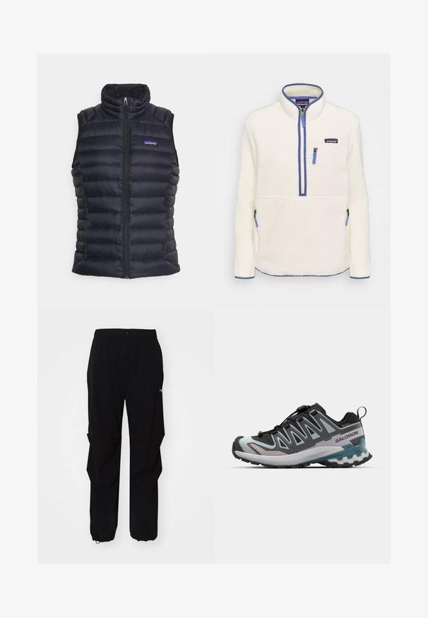 Črn izoliran pufferski jopič z visokim ovratnikom, prešito zasnovo, sprednjim zadrgo in stranskimi žepi. Ima majhen logotip na prsih.; Pulover iz flisa v beli barvi, z dvema četrtinskim zadrgama spredaj, modrimi zadrgami, žepom na prsih in stranskimi žepi. Gladka tekstura, visok ovratnik.; Črne zunanje hlače iz trpežnega materiala, s sproščenim krojem, elastičnim pasom in odprtinami na koncu, ki omogočajo prilagodljivo dolžino.; Črne in sive trail tekaške čevlje z mrežastim zgornjim delom, elastičnim sistemom vezalk, strukturiranim podplatom in svetlo modrimi poudarki na srednjem podplatu.